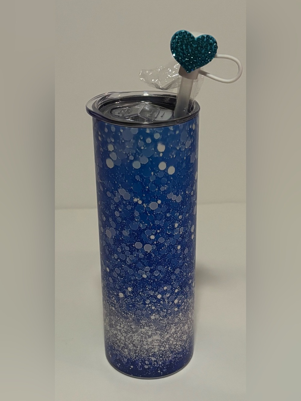 20 oz Blue & Silver Glitter Skinny Tumbler w/ Rhinestone Heart Topper